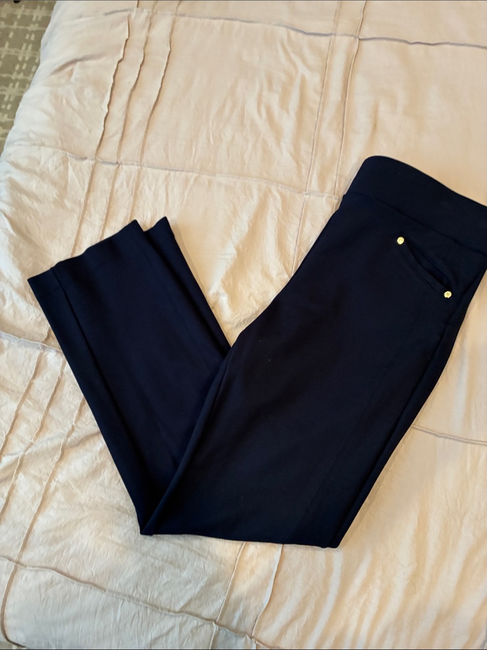 Anne KleinStraight-Leg Navy Ponte Pants with Gold-Tone Accent